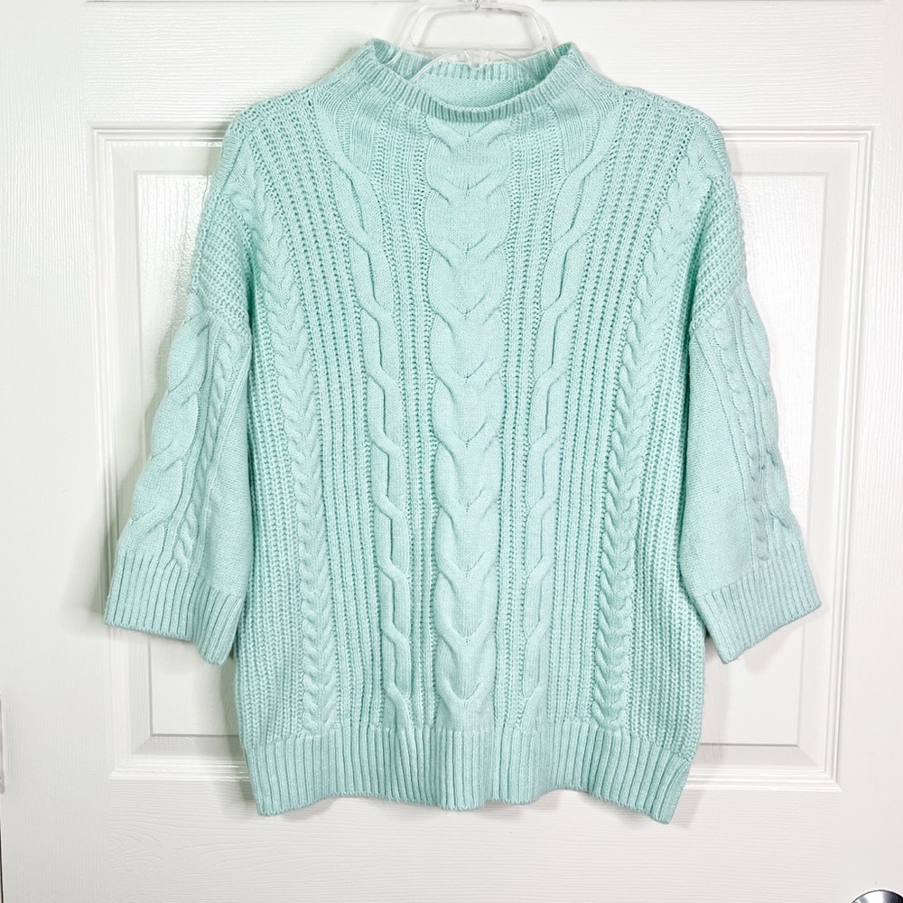 Vince Camuto Mock Neck Cable Knit 3/4 Sleeve Sweater in Sea Mist Size M - Picture 1 of 7